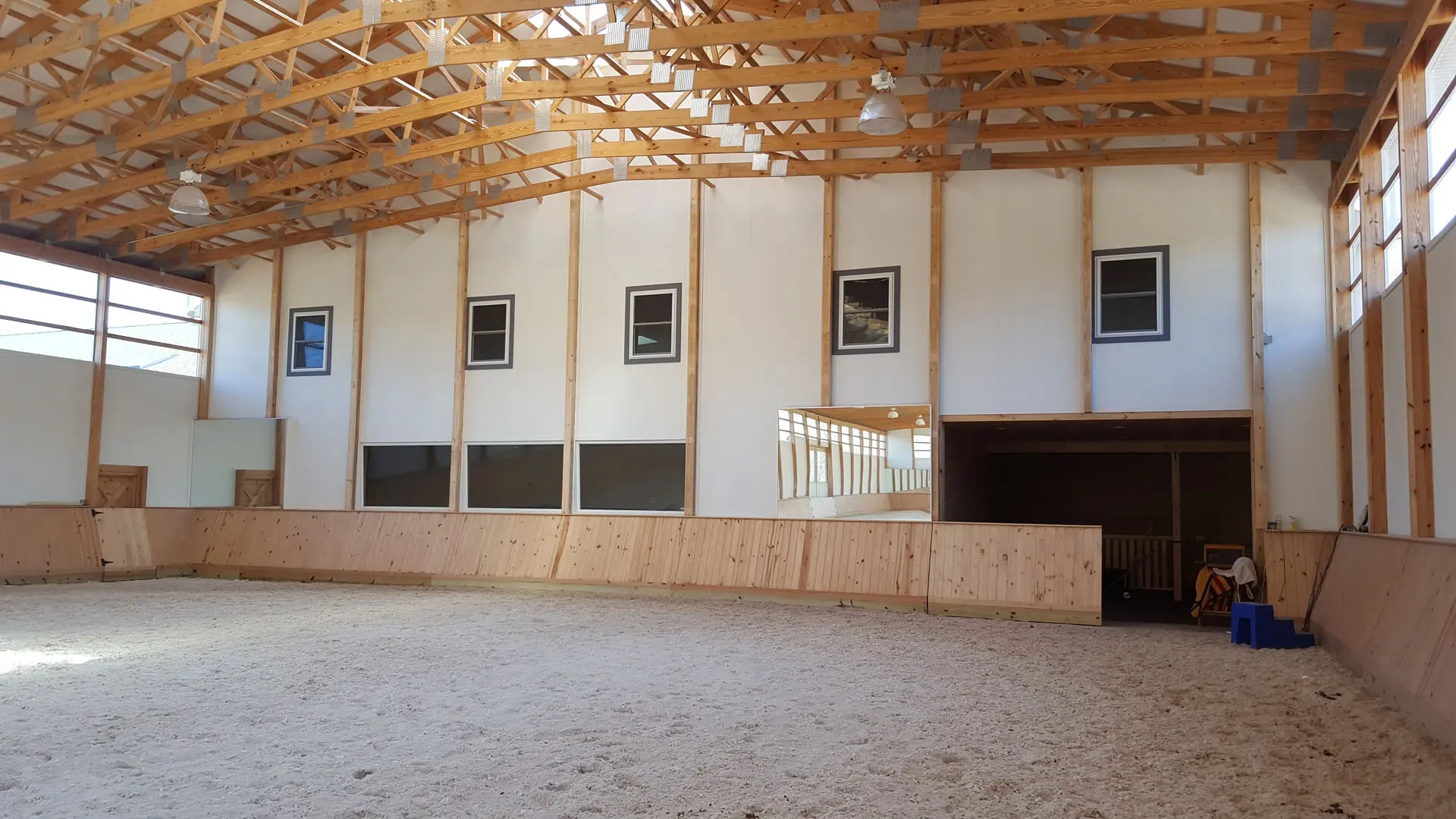 A barn with many windows and a horse in it