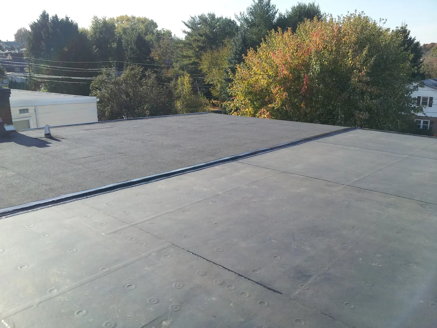 A flat roof with trees in the background